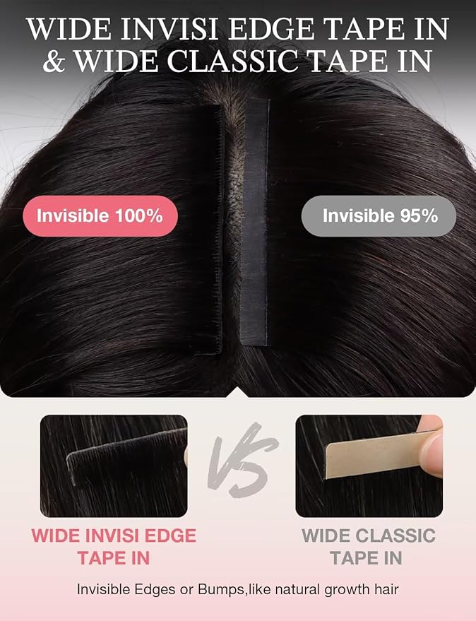 DOORES Invisi Edge Seamless Tape in Wide Hair Extensions Human Hair, Natural Black 4PCS Injection Tape ins 20g 20 Inch, 3 Inch Wide Injected Natural Virgin Human Extensions Invisible