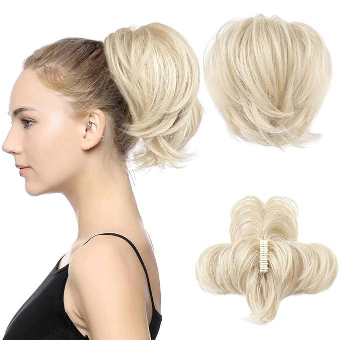 HOOJIH Messy Bun Hair Piece, Claw Clip in Straight Hair Bun 9 Inch Short Ponytail Extension with Bendable Metal Wire Hair Pieces for Women Fake Hair Bun DIY Styles - Cool Light Blonde