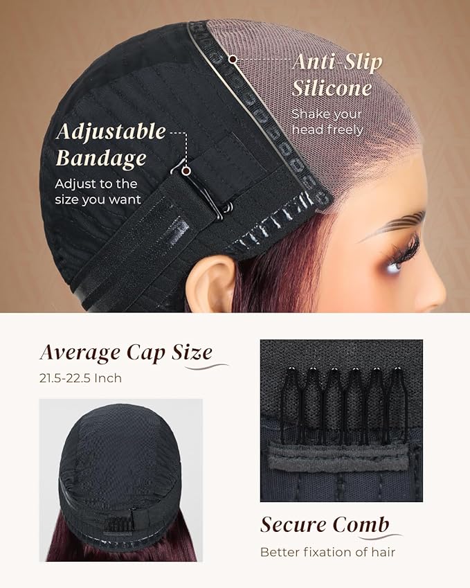 Arabella 6x5 Ready to Go Glueless Wigs Human Hair Purplish 99J Burgundy Lace Front Wigs Real 230% Density Human Hair Pre Cut Lace Pre Plucked Bleached Knots Wig Human hair (18inch, 6x5 Straight Wig)