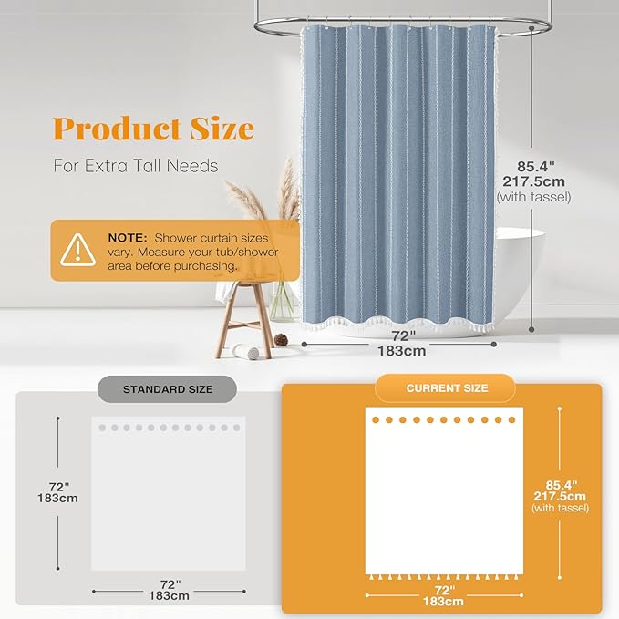 BTTN Extra Long Shower Curtain, 72x84 Inch Long Boho Tassel Linen Fabric Thick Shower Curtain Set with Plastic Hooks, Large Modern Farmhouse Country Decorative Cloth Shower Curtain for Bathroom, Blue