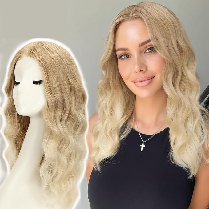AISI HAIR Blonde Wig for Women Medium Length Wave Curly Glueless Synthetic Heat Resistant Hair Wigs for Daily Party Cosplay