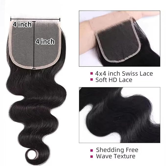 12A Human Hair Bundles 16 18 20 +14 Inch Body Wave 100% Unprocessed Hair 3+1 Bundles Deals Extensions Quick Weave Human Hair Natural Black Color