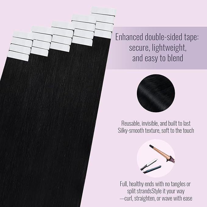 Fshine Tape Extensions Human Hair Black 12 Inch Jet Black Tape in Hair Extensions Straight Skin Weft Remy Invisible 20pcs 30g