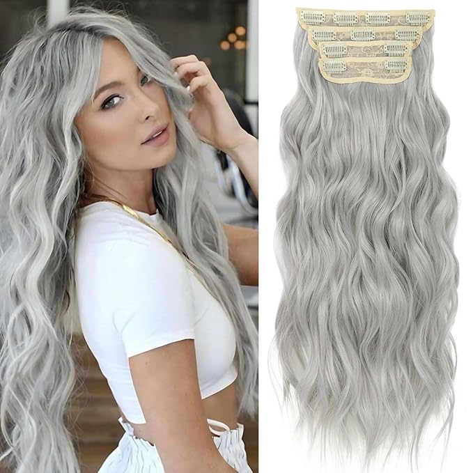 24 Inch Silver Gray Hair Extensions Clip ins for Women, Long Wavy Curly Clip on Hair Extensions, 4PCS Soft Natural Look Clip in Hair Extension for Women(60#, 24INCH)