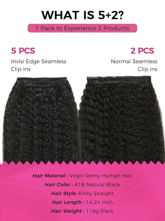 Lashey Invisi Edge & Seamless Clip in Hair Extensions Human Hair, 16 Inch 110g 7pcs(5pcs Invisi Edge& 2pcs Seamless) Real Virgin Human Hair Extensions, Natural Black Kinky Straight Hair