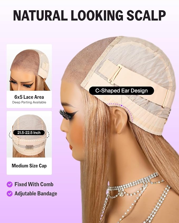 Glueless Wigs Human Hair Pre Plucked Pre Cut 220% Density Highlight Milk Tea Blonde Human Hair Wig 6x5 Lace Closure Straigh Wig Bleached Knots 20 Inch