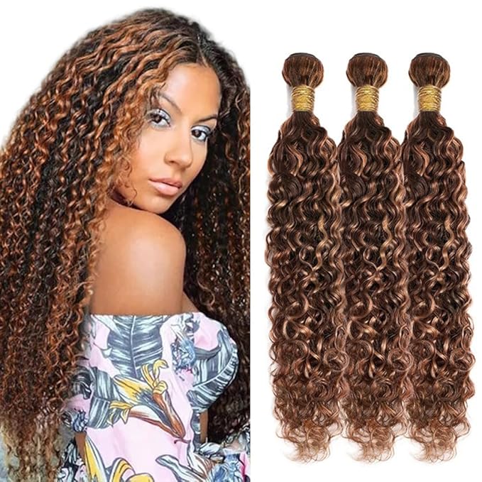 Brown Human Hair Bundles Highlight Water Wave Bundle Color 30 Human Hair Bundle Unprocessed Virgin Hair 3 Bundles 16 16 16 Inch