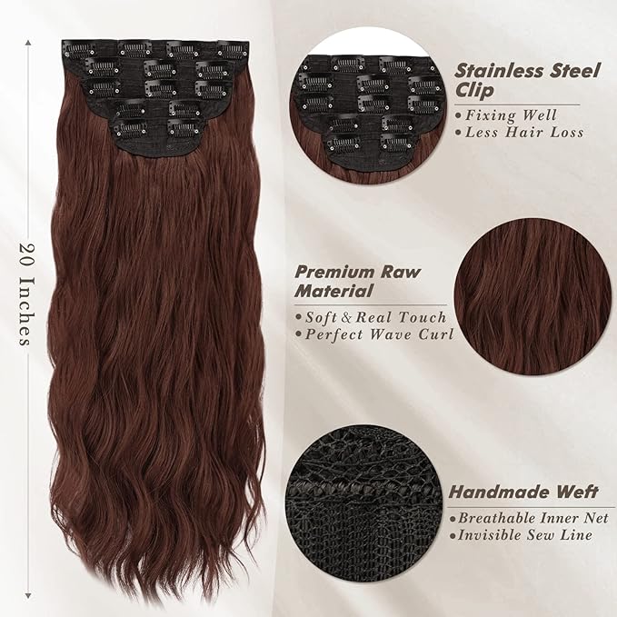 BARSDAR Chestnut Clip in Hair Extensions - 20 Inch Soft Wavy Clip in Hair Extensions for Women - 5PCs Thick Soft Synthetic Natural Looking Hairpieces Daily Party Halloween - Copper Chestnut