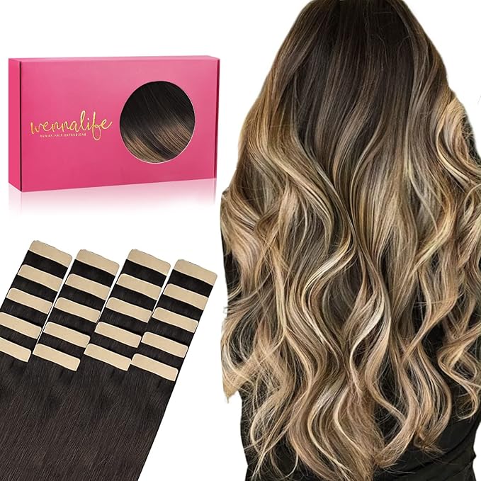 WENNALIFE Tape in Hair Extensions Human Hair, 20pcs 60g 26 inch Dark Brown to Chestnut Brown and Dirty Blonde Highlighted Remy Hair Extensions Straight Human Hair Tape in Extensions Skin Weft Tape