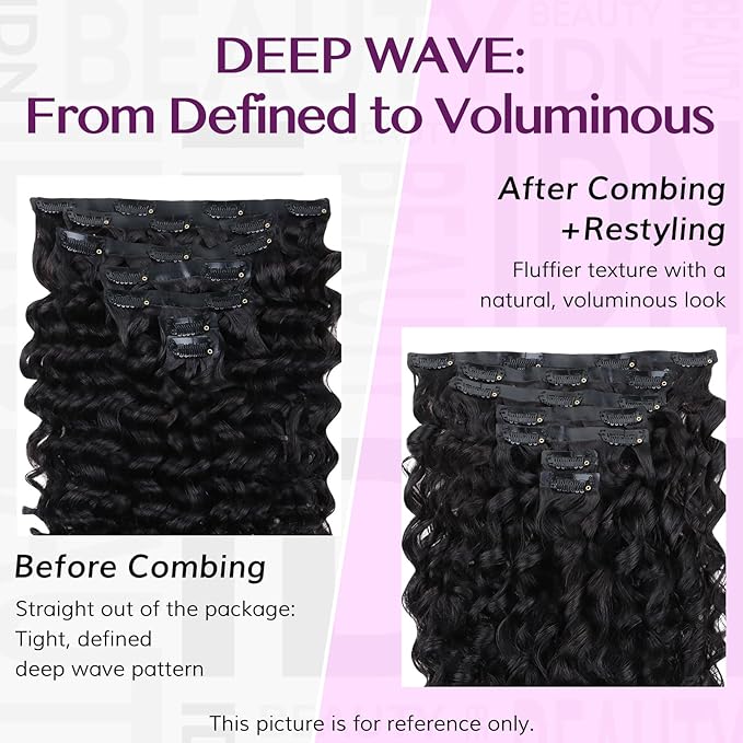 IDN BEAUTY Seamless Clip In Hair Extensions Human Hair Deep Wave Clip ins Virgin Human Hair Seamless Clip Ins For Black Women PU Weft Invisible Edge Thick Soft Hair 110g 7Pcs 22 Inch