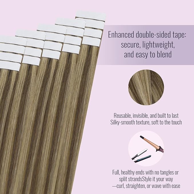 Fshine Tape in Hair Extensions 50 g Medium Brown Highlights Honey Blonde 20 Inch Straight Tape in Extensions 20 pcs Seamless Straight,Suitable for Wedding, Bridal & Bridesmaids Looks