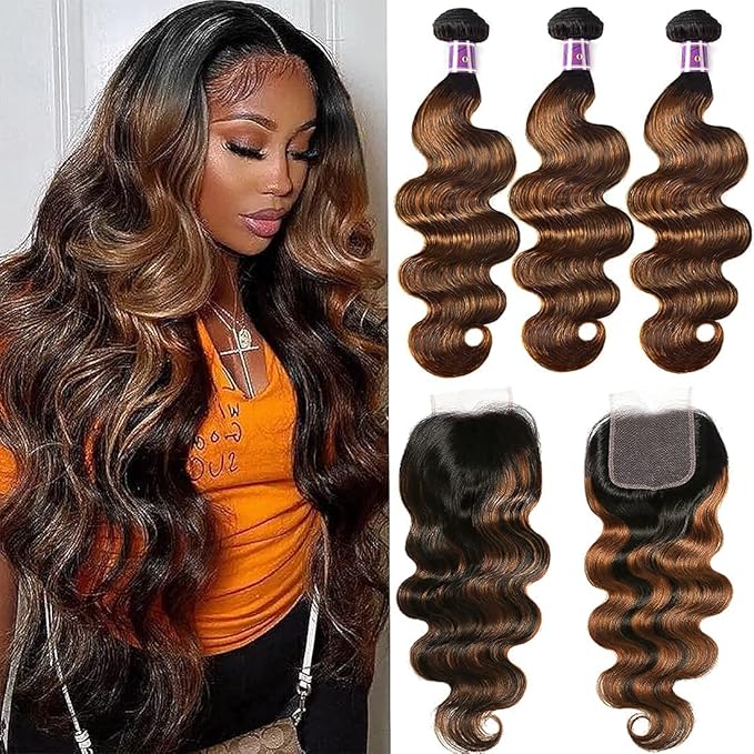 UNICE Brown Highlight Body Wave Human Hair 3 Bundles with 4x4 Lace Closure, FB30 Color 18 20 20+16 Closure, Brazilian Remy Hair Ombre Wavy Weaves