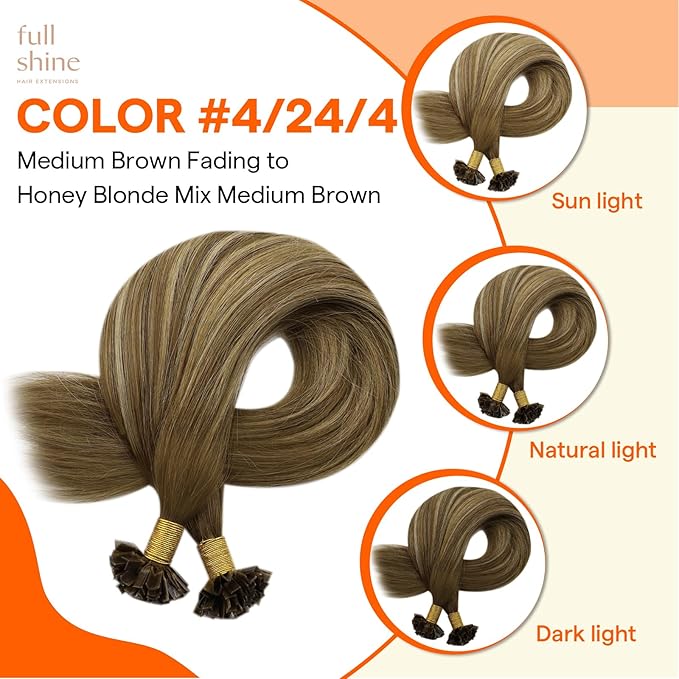 Full Shine Ktip Human Hair Extensions 20 Inch 50 Grams Medium Brown to Honey Blonde and Brown Long Straight Hair add Length K Tip Hair Extensions Real Human Hair for Women
