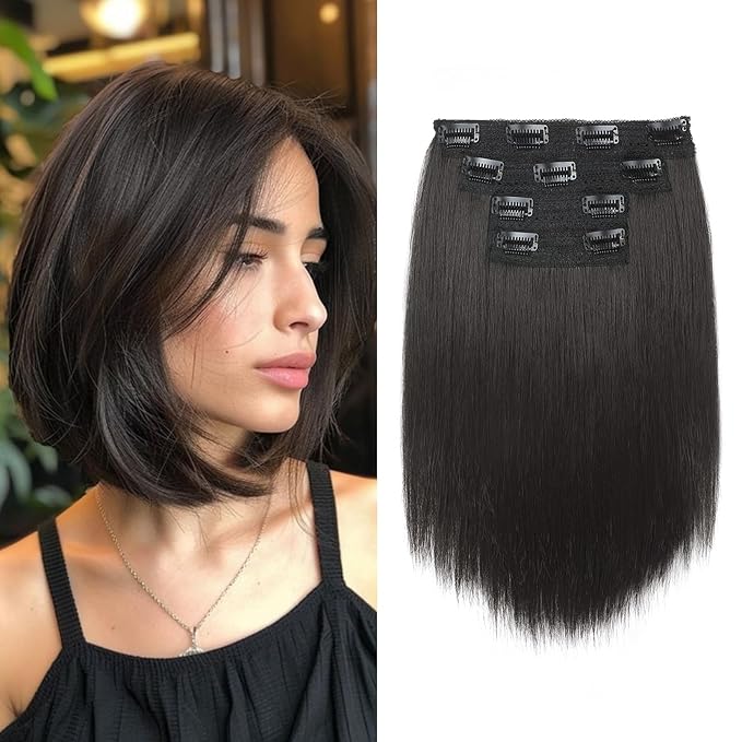 Hair Extensions, 10" Short Clip in Hair Extensions 4PCS Straight Natural Soft Synthetic Hairpiece for Women-Black Brown
