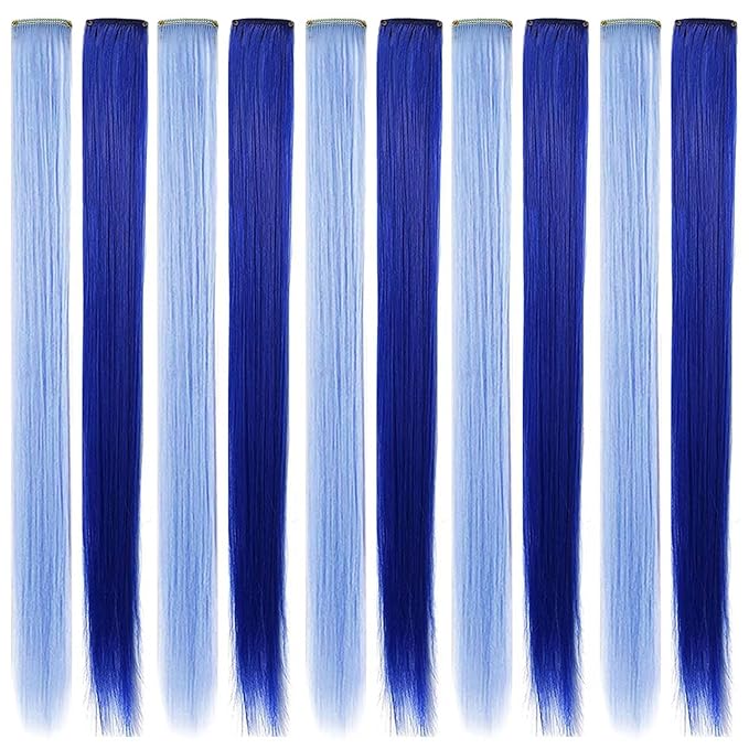 10PCS 20''Light Blue Sapphire Blue Hair Extensions for Girls Wig Pieces Clip in Coloured Hair Extensions for Teens Colorful Hairpieces Party Synthetic Multiple Colors