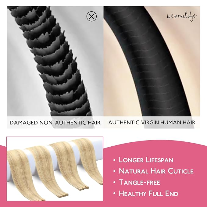 WENNALIFE Tape in Hair Extensions Human Hair Light Blonde Highlighted Golden Blonde Tape in Extensions, 10pcs 25g 14 inch Remy Invisible Tape Ins Straight Soft Real Human Hair Tape in Extensions