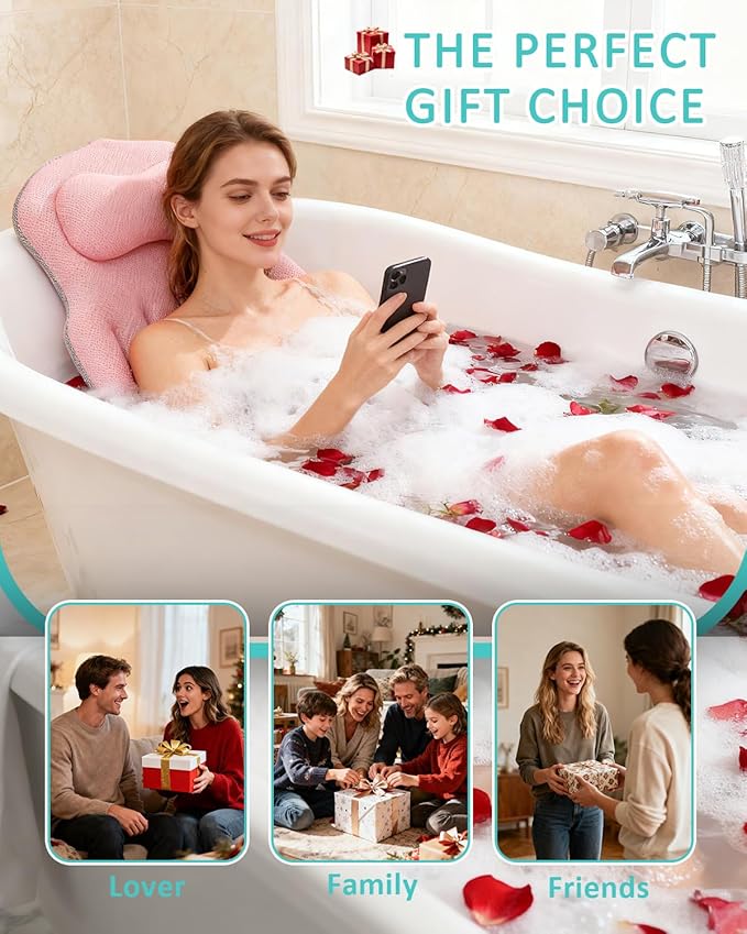 Full Body Bath Pillow for Bathtub, 5D Thick Tub Pillow for Bathtub with 192 Non-Slip Suction Cups, Laundry Bag & Hook, Bathtub Pillow for Head, Neck & Back Support (Pink, 51"*15")