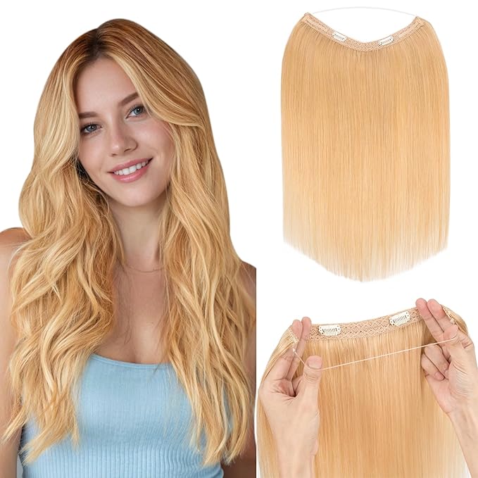 Hairro Wire Hair Extensions Human Hair, Fish Line Invisible Adjustable & Clips in Extensions Straight, 100% Real Hairpieces Seamless Blending for Women, 14 Inch 70g Natural Blonde