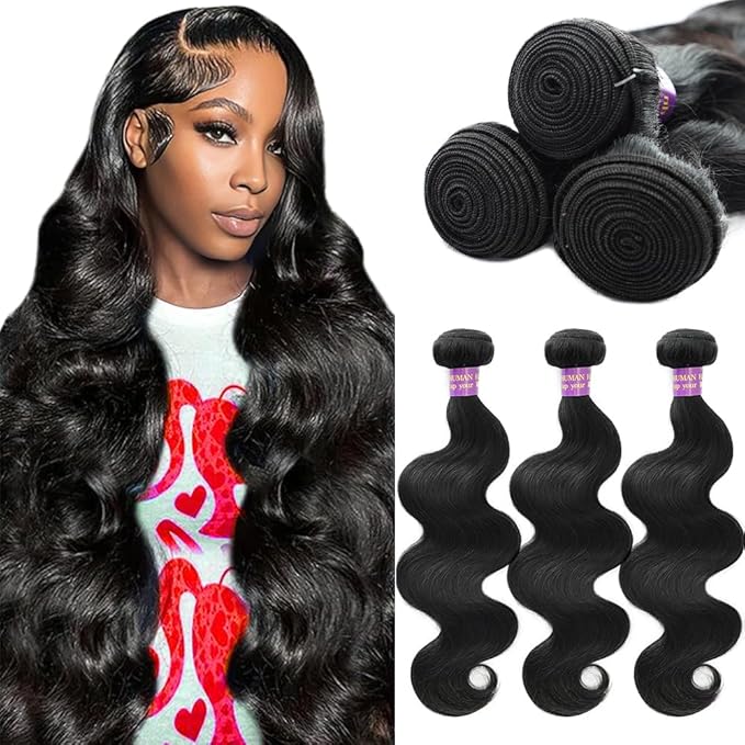 Body Wave Bundles 26 28 30 Inch Human Hair 14A Human Hair Bundles 100% Unprocessed Brazilian Virgin Weave 3 Bundle for Women Natural Black Wavy Human Hair Extensions