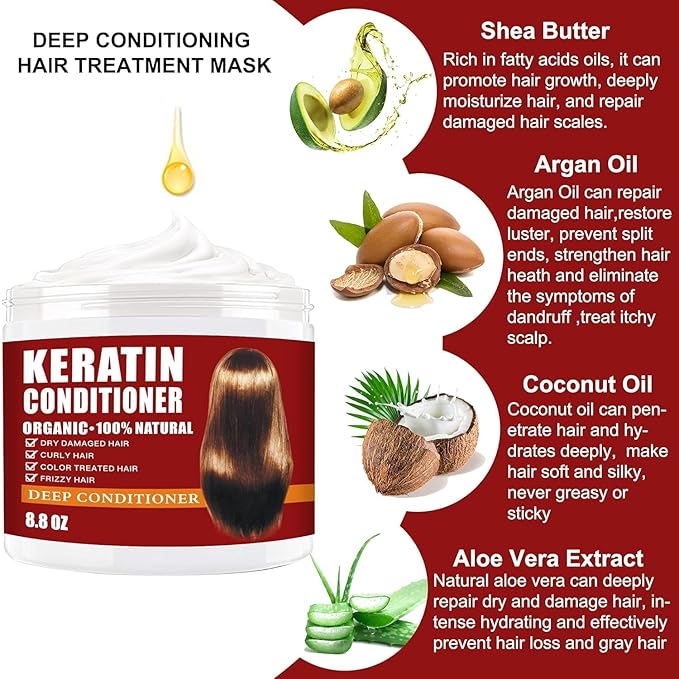 Keratin Hair Mask,Keratin Hair Treatment 250g Hair Mask for Dry Damaged Hair,Deep Conditioning Hair Treatment Mask Repair Treatment Damage Hair Root,Natural Deep Conditioner Hydrating Hair Masque