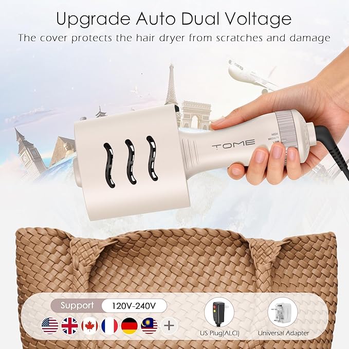 Travel Hair Dryer Brush, Dual Voltage Blow Dryer Brush, Mini Hot Air Portable 2 inch Travel Hair Dryer Styler Volumizer Oval Shape (Tome Color)