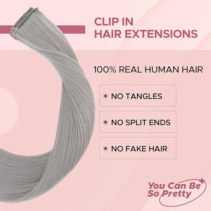 Clip in Hair Extensions Real Human Hair for Women, 10 Inch 31g 6pcs, Grey, Straight - Highlight, Add Volume and Length for Daily Wear, Parties, Weddings