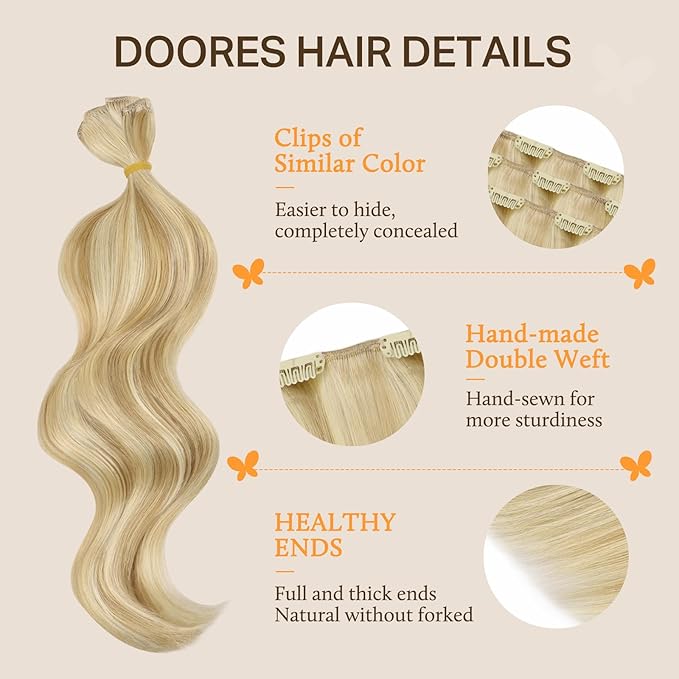 DOORES Clip in Hair Extensions, Human Hair, Dirty Blonde Highlight Golden Blonde, 120g, 7pcs, 20 Inch, Remy, Straight, Natural