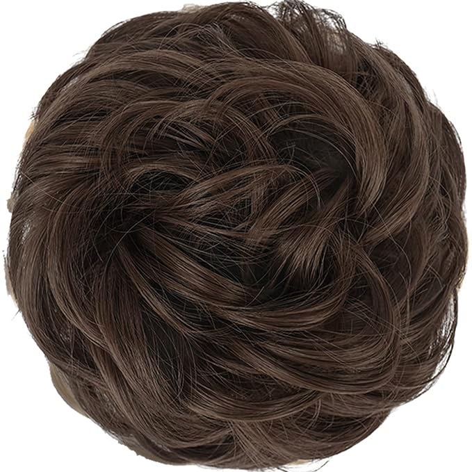 FESHFEN Messy Bun Hair Piece - Elastic Wavy Curly Hair Bun Scrunchies Extensions Synthetic Chignon Hairpieces for Women Girls, Medium Chestnut Brown 1.5 oz