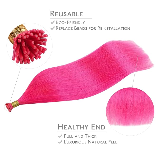 WENNALIFE I Tip Hair Extensions 16 Inch Hot Pink Remy Itip Human Hair Extensions, 50g 100s Invisible Straight Fusion for Women