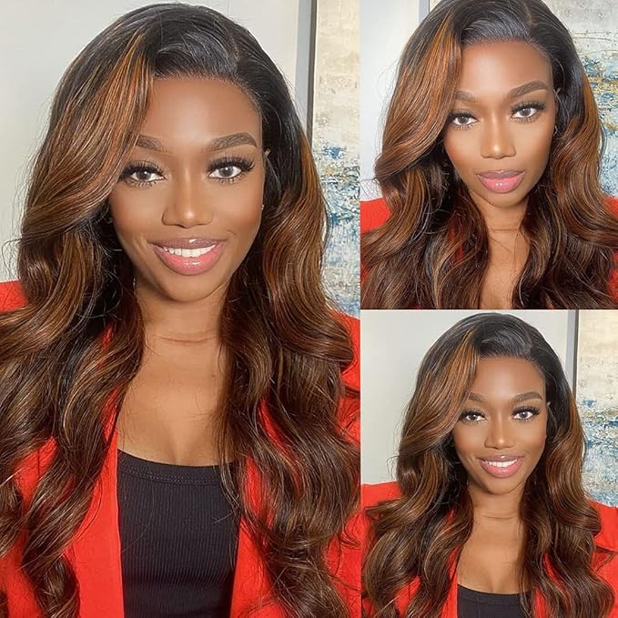UNICE Ombre Highlight Body Wave 4x4 Lace Closure Free Part, Brown Human Hair Wavy Closure with Dark Roots FB30 Color 14 inch