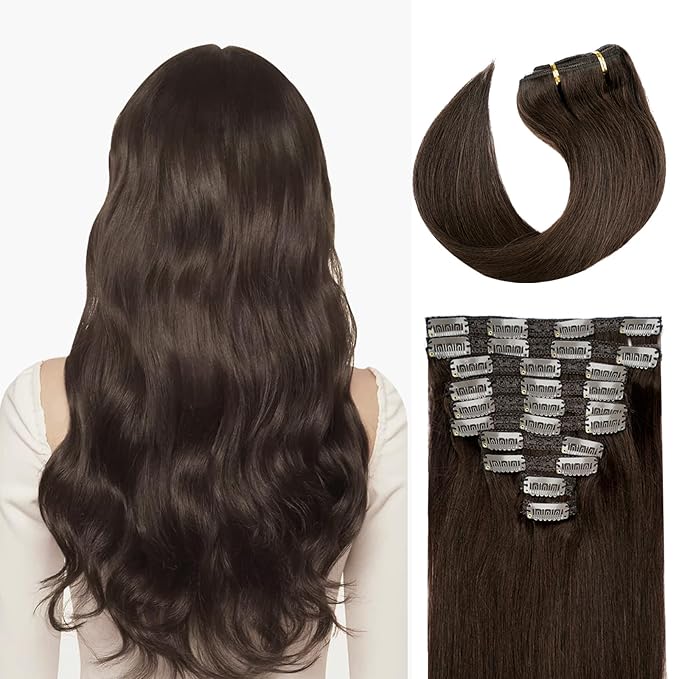 22" Clip in Human Hair Extensions Full Head 200g 10 Pieces 22 Clips 2# Dark Brown Double Weft Brazilian Real Remy Hair Extensions Thick Silky Straight (22" 200g, Dark Brown)