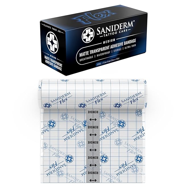 Saniderm Flex Tattoo Aftercare Bandage (New) (Medium Roll, 6 in x 8 yd) – Convenient, Faster Tattoo Healing and Protection – Sterile, Waterproof, Flexible, Aftercare Wrap – Matte Finish
