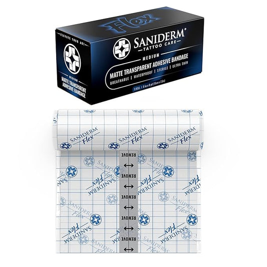 Saniderm Flex Tattoo Aftercare Bandage (New) (Medium Roll, 6 in x 8 yd) – Convenient, Faster Tattoo Healing and Protection – Sterile, Waterproof, Flexible, Aftercare Wrap – Matte Finish