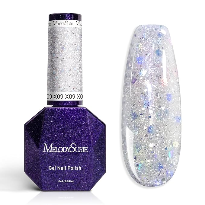 MelodySusie Galaliver Silver Glitter Gel Nail Polish, 15ML Shimmer Silver Diamond Sparkle Gel Polish Soak Off UV LED Cured Long Lasting Gift for Women DIY Nail Design Nail Art Manicure X09
