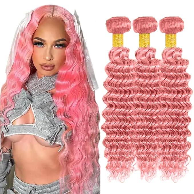 Freiuoke Hair Pink Human Hair Bundles Light Pink Deep Wave Bundle Double Weft Brazilian Virgin Soft and Skily Remy Hair 3 Bundles 20 22 24 Inch