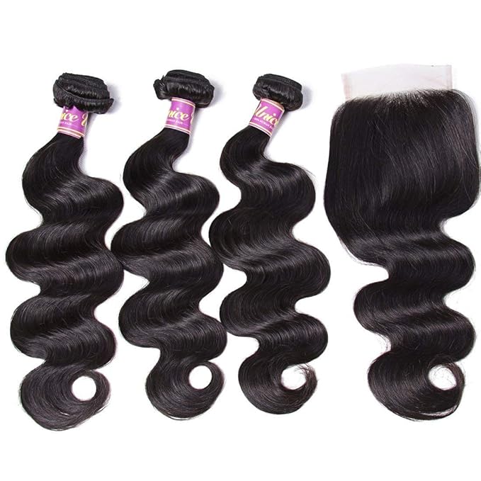 Unice Hair Brazilian Body Wave 3 Bundles with Free Part Lace Closure Unprocessed Virgin Human Hair Weave Extensions (20 22 24+18)