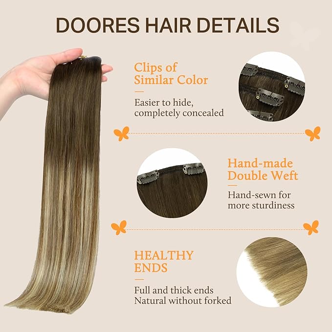 DOORES Hair Extensions Clip in Human Hair, Balayage Walnut Brown to Ash Brown and Bleach Blonde 150g 9pcs 14 Inch, Remy Human Hair Extensions Clip in Real Hair Extensions Natural Straight