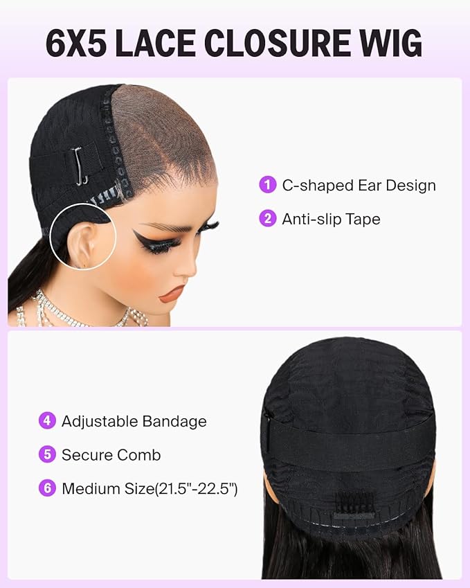 6x5 HD Lace Closure Wig - 26 Inch Straight Human Hair Wig Glueless Wear and Go with Pre Plucked Hairline & Pre Bleached Knots