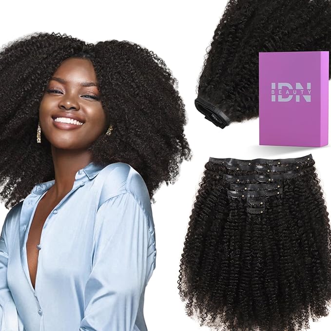 IDN BEAUTY Seamless Clip In Hair Extensions Human Hair, 3c 4a 4c Afro Kinky Curly 20 Inch 110g 7pcs Natural Black Seamless Curly Clip Ins Remy Hair Seamless Clip Ins For Black Women PU Invisible Edge