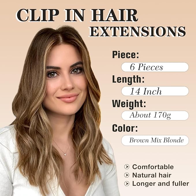 NAYOO Clip in Hair Extensions for Women 14 Inch Short Wavy Curly Brown Mix Blonde Hairpieces Full Head Synthetic Hair Hairpieces (6PCS, Brown Mix Blonde)
