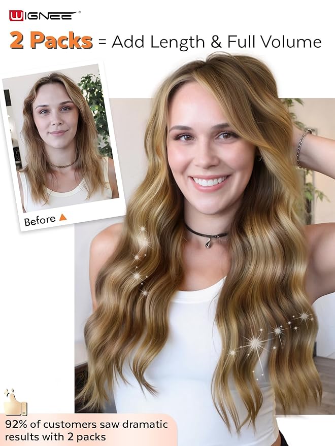 WIGNEE OVO Double Hand-Tied Balayage Hair Extensions – 20 Inch, 100g, 5PCS, Highlight Honey Blonde Remy Human Hair, Genius Invisible Sew-In Weft, Glueless, Seamless Soft Silky Hair Extensions (T4/27)