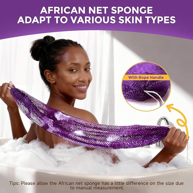 2 Pieces African Net Sponge Authentic, Durable Back Scrubber Washcloth for Shower, Exfoliating Net Sponge for All Skin, Bathing Accessories for Women (2 Pack (Pink and Purple))