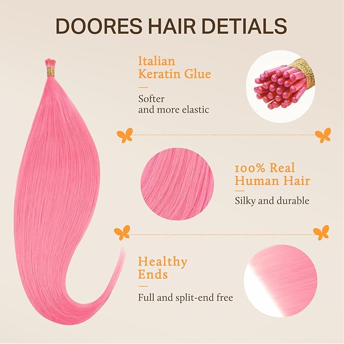 Doores Itip Human Hair Extensions, Light Pink 18 Inch 25g, Extensions For Women, Real Human Hair