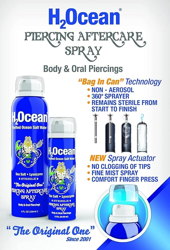 H2Ocean Piercing Aftercare Spray, Saline Spray for Piercings Cleaning Solution, with Sea Salt Nipple, Ear, Nose, Lip, Belly Piercings Cleaning Spray with Sea Salt & Bump Treatment, Set of 2