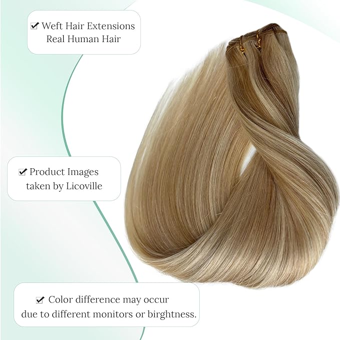 Sew in Hair Extensions Real Human Hair Blonde Highlight Silky Straight Real Hair Wefts 12 Inch 80G Ash Blonde and Platinum Highlights Hand Tied Weft Hair Extensions Remy Human Hair Bundles Sew in