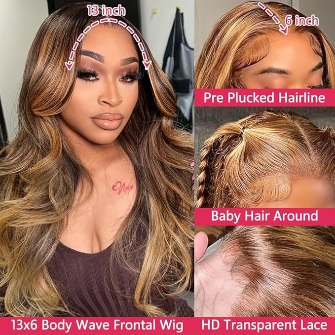 Highlight Body Wave Lace Front Wigs Human Hair 180 Density Honey Blonde 13x6 HD Lace Frontal Wigs Pre Plucked with Baby Hair Ombre Glueless Wigs Human Hair for Women 26Inch