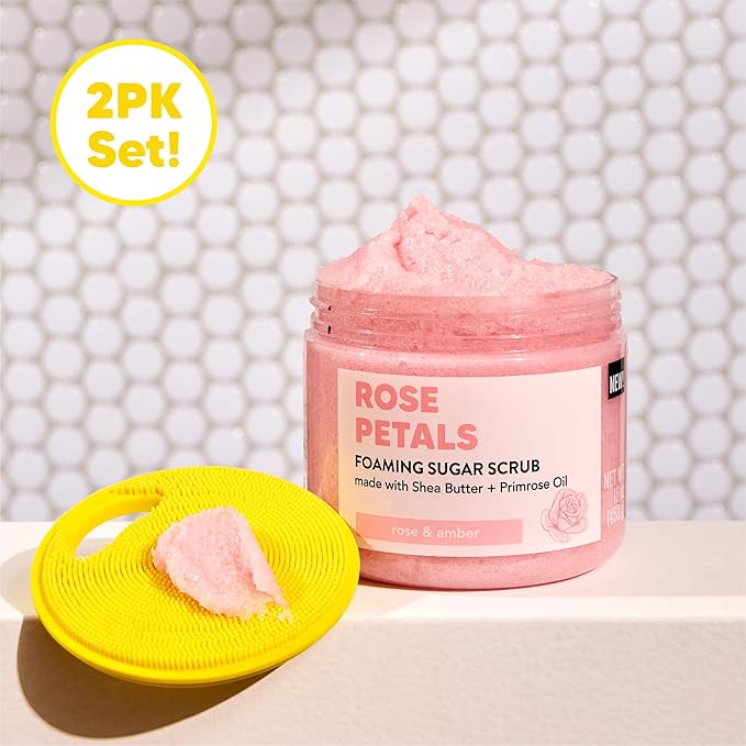 Onyx Professional Foaming Body Scrub With Brush, Rose Petals, 16oz, 2pk - Sugar Scrub Made with Shea Butter and Primrose Oil, Includes Built-in Scrubber
