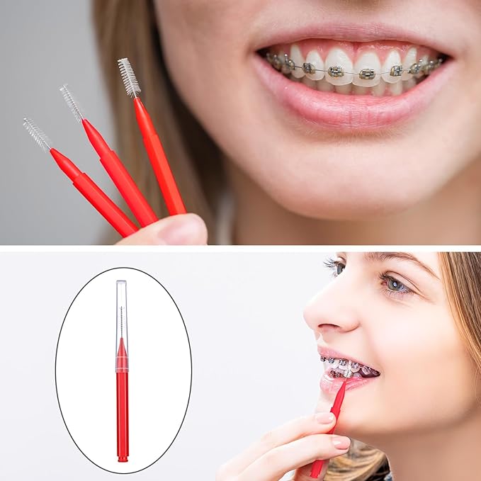 Patelai 100 Pieces Braces Brush for Cleaner Interdental Brush Toothpick Dental Tooth Flossing Head Oral Dental Hygiene Flosser Toothpick Cleaners Tooth Tool(Red,Suitable Size)
