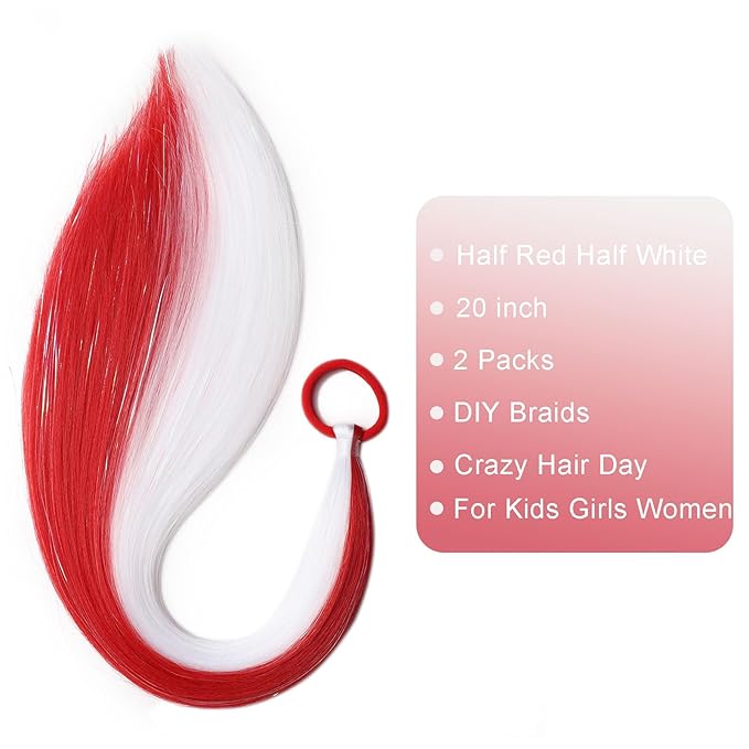 White and Red Hair Extensions for Braids Ponytail Extension 2 Packs, 20 inch Crazy Hair Day Accessories for Women, DIY Festival Wacky Rave Braids for Women,Tinsel Mixed