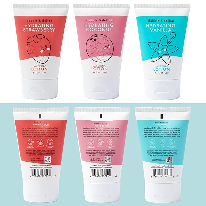 Dabble & Dollop Layering Lotion Set, Hydrating Strawberry, Coconut and Vanilla Scented Lotions for Kids, All-Natural, pDermatologist Tested, Vegan & Cruelty-Free (Set of 3)